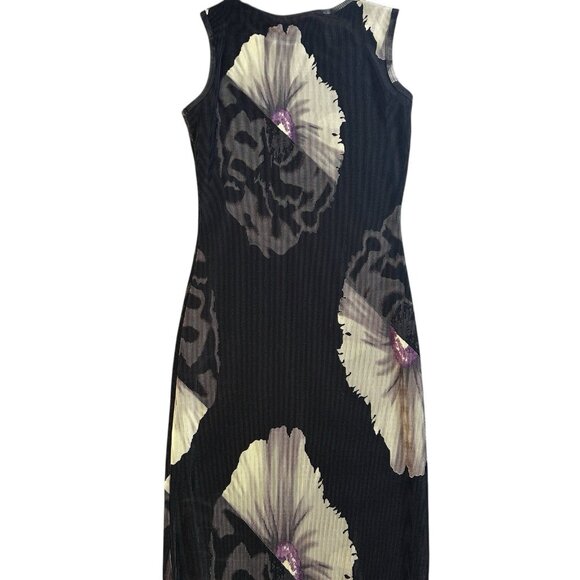 Vintage 90s Tess Pleated Floral Dress Black Ribbed Sheath Made In Korea Small - Picture 9 of 9